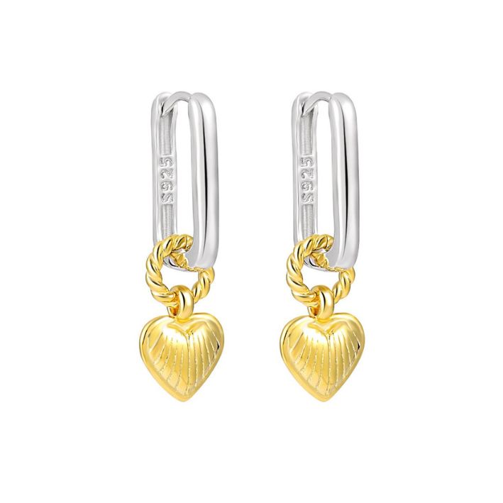 Two Tone Heart Drop Earrings-Gold Silver